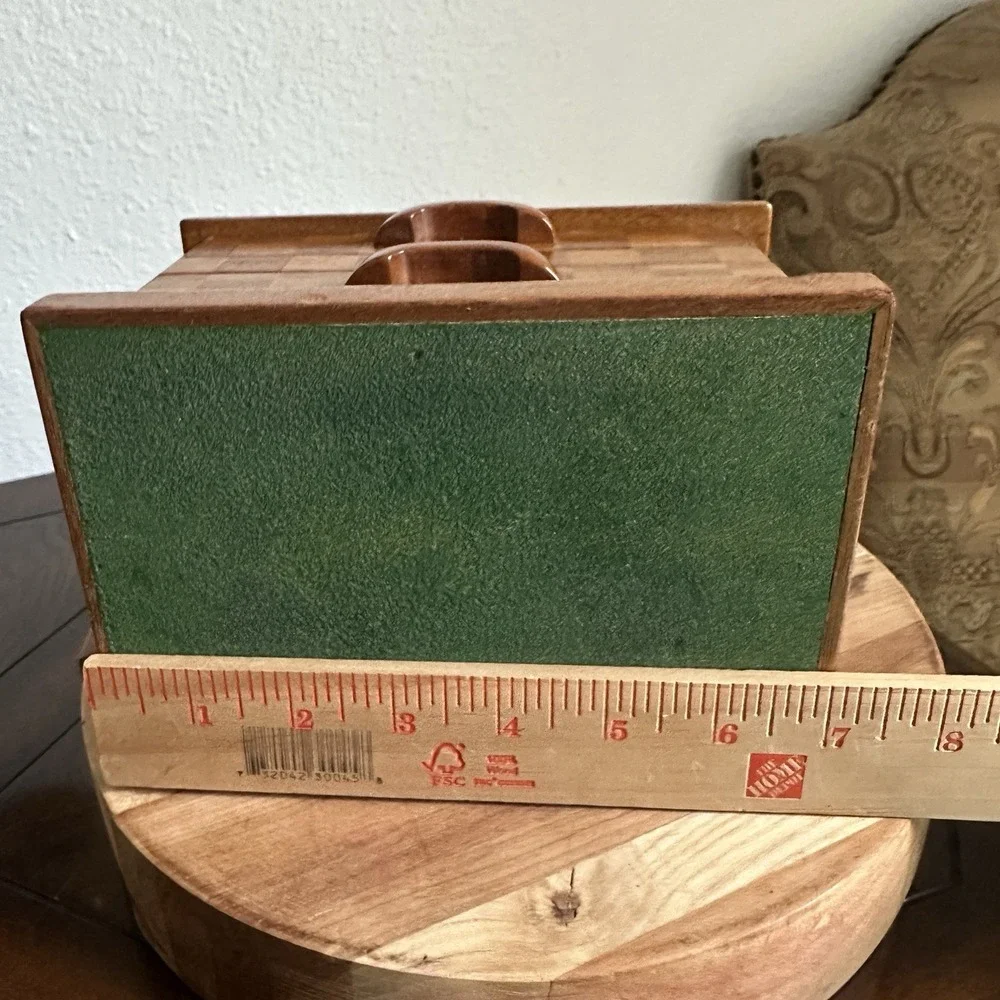 Vintage Wooden Jewelry Box 7x5x5 Inch Chest Checkered Inlay Drawers Green Lined